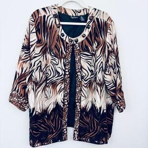 Maggie Barnes Women Jacket Size 2X Animal Print Linen Blend Open Black Brown